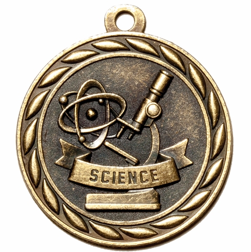 Metal 2-Inch in Diameter Round Science Medal with Cutomizable Back in Multiple Colors