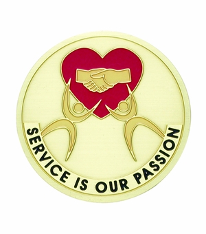 2-Inch in Diameter Round Etched-Enameled Metal 'Service is our Passion' Medallion Insert in Gold with Peel-and-Stick Back