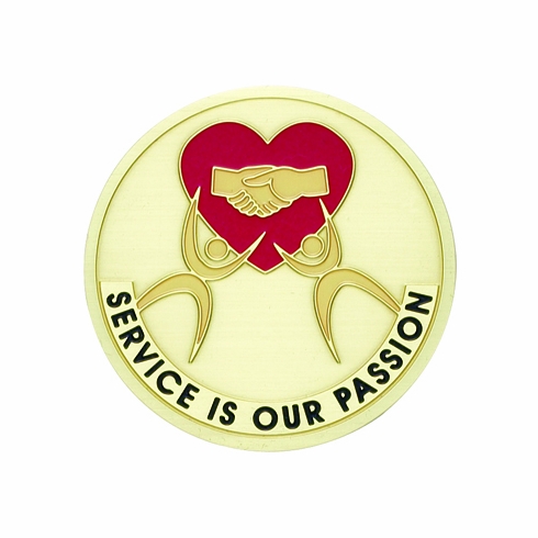 2-Inch in Diameter Round Etched-Enameled Metal 'Service is our Passion' Medallion Insert in Gold with Peel-and-Stick Back
