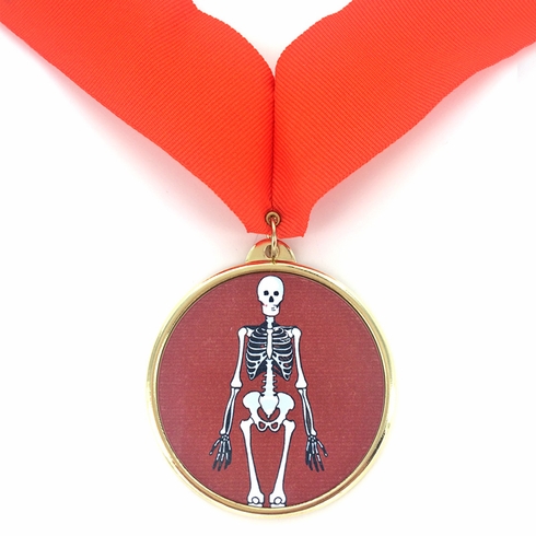 2-1/4 Inch in Diameter Round Iron Medal with 2 Inch Mylar Skeleton Themed Insert and Ribbon