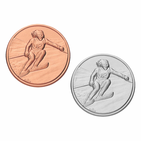 1-Inch in Diameter Round Metal Womens Skiing Medallion Insert in Multiple Colors