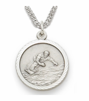 3/4 Inch Mens Snowboarding Themed St. Christopher Medal in Sterling Silver