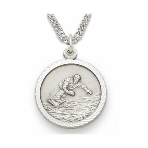 3/4 Inch Mens Snowboarding Themed St. Christopher Medal in Sterling Silver