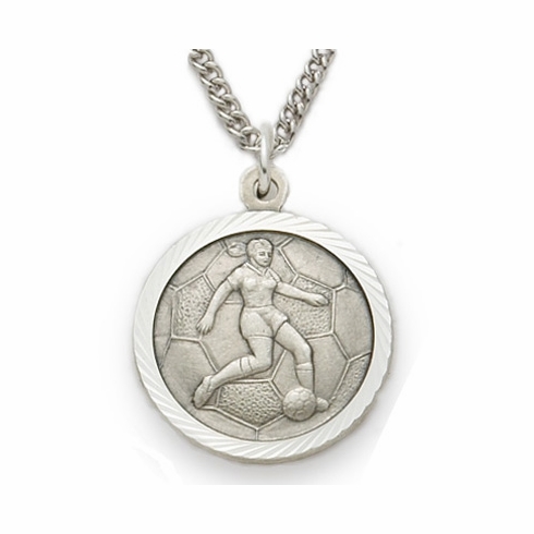 3/4 Inch Womens Soccer Themed St. Christopher Medal in Sterling Silver