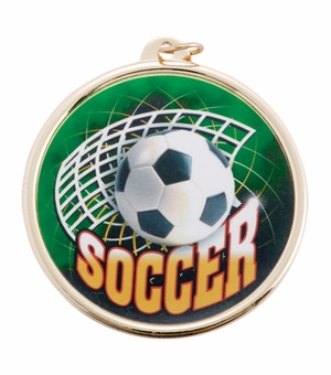 2-1/4 Inch in Diameter Round Soccer Themed Gold Sports Medal with Mylar Detailing and Customizable Back