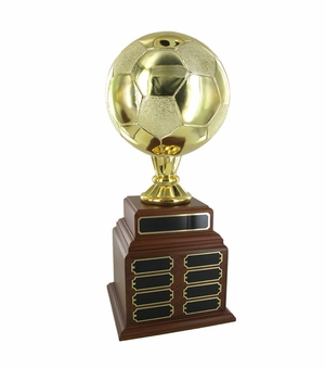 SOCCER PERPETUAL TROPHY, HEIGHT 19 INCHES, 8 INCH GOLD BALL