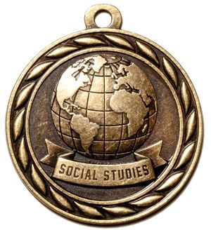 Metal 2-Inch in Diameter Round Social Studies Medal with Cutomizable Back in Antique Brass