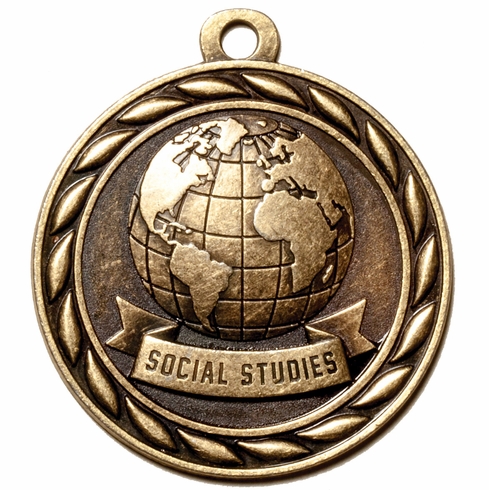 Metal 2-Inch in Diameter Round Social Studies Medal with Cutomizable Back in Antique Brass