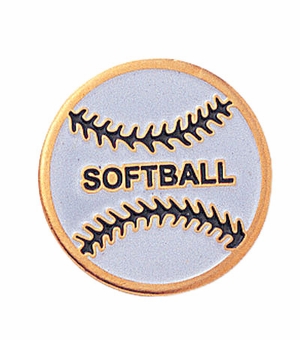 3/4 Inch in Diameter Enameled Softball Pin in Gold