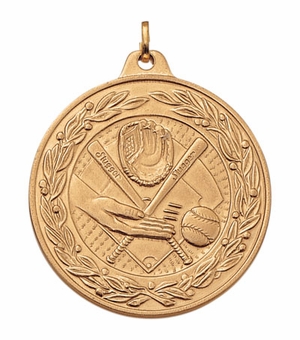 2 Inch Die-Struck Softball Themed Medal with Antique Finish in Gold, Silver, or Bronze