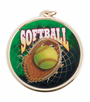 2-1/4 Inch in Diameter Round Softball Sports Medal in Gold and Mylar with Customizable Back
