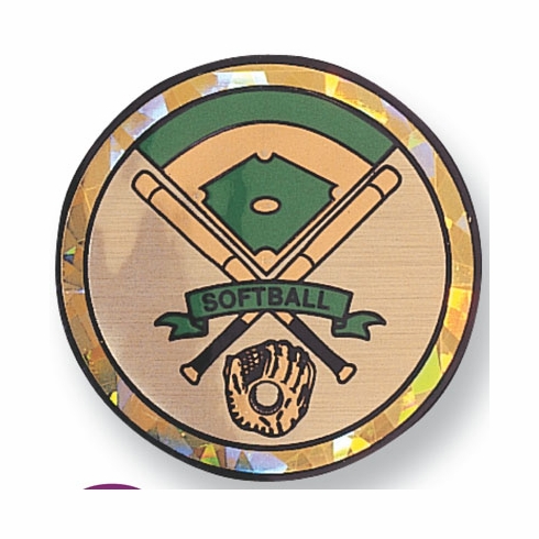 2 Inch in Diameter Round Softball Themed Insert with Mylar Detailing