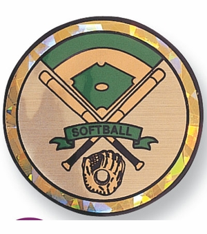 2 Inch in Diameter Round Softball Themed Insert with Mylar Detailing
