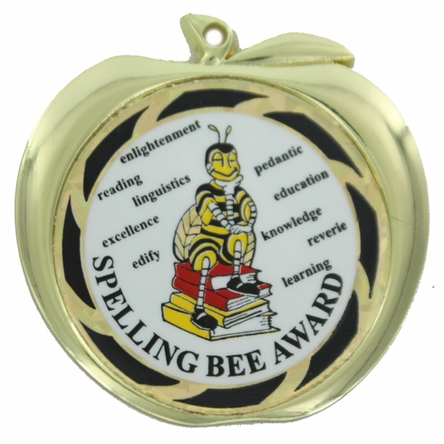 2-1/2 Inch Spelling Bee Themed Apple Medal in Gold