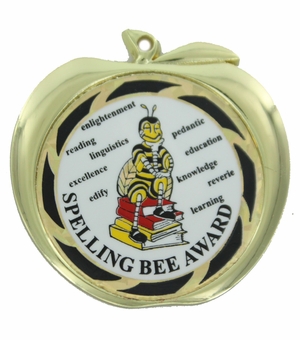 2-1/2 Inch Spelling Bee Themed Apple Medal in Gold