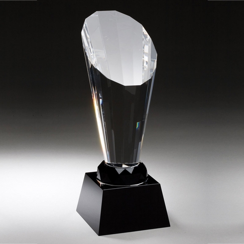 SPOTLIGHT SLANTED CRYSTSAL TOWER AWARD ON BLACK CRYSTAL BASE