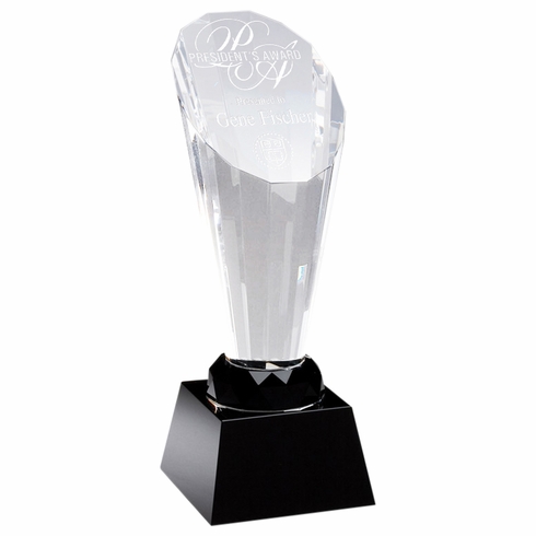 SPOTLIGHT SLANTED CRYSTSAL TOWER AWARD ON BLACK CRYSTAL BASE