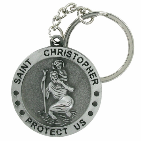 ST. CHRISTOPHER PROTECT US ANTIQUE SATIN PEWTER KEY CHAIN