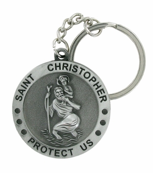 ST. CHRISTOPHER PROTECT US ANTIQUE SATIN PEWTER KEY CHAIN