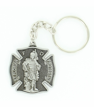 ST. FLORIAN FIRE FIGHTER KEY CHAIN ANTIQUE PEWTER FINISH. SIZE 1 3/8 INCH X 1 1/2 INCH.