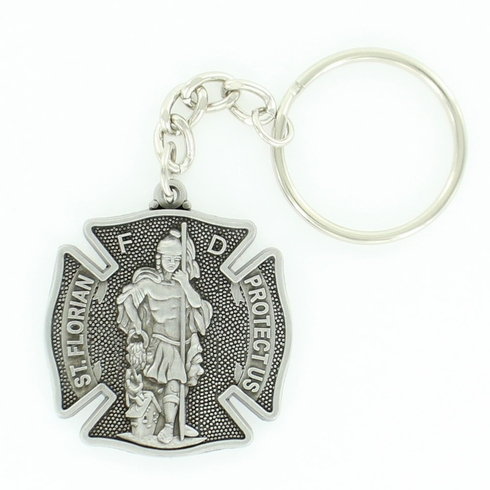 ST. FLORIAN FIRE FIGHTER KEY CHAIN ANTIQUE PEWTER FINISH. SIZE 1 3/8 INCH X 1 1/2 INCH.