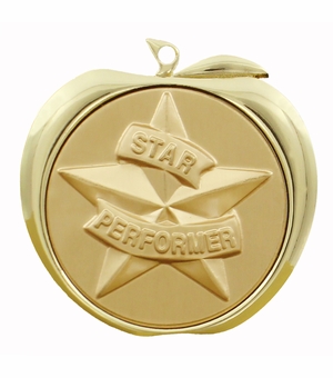 2 Inch Star Performer Themed Apple Medal in Gold, Silver, or Bronze
