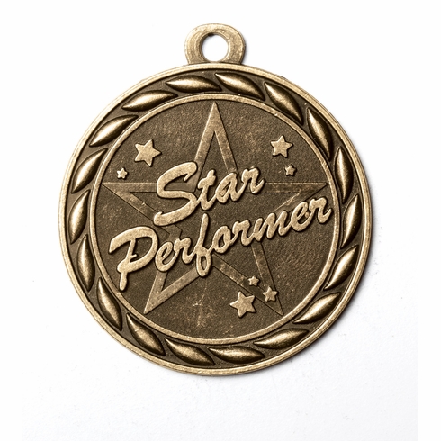 Metal 2-Inch in Diameter Round Star Performer Medal with Cutomizable Back in Antique Brass
