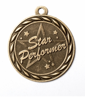 Metal 2-Inch in Diameter Round Star Performer Medal with Cutomizable Back in Antique Brass