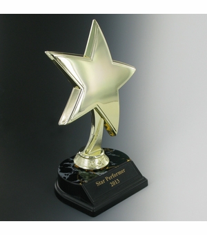 STAR TROPHY, 8 INCH HEIGHT, BLACK AND GOLD BASE, BLACK PLATE