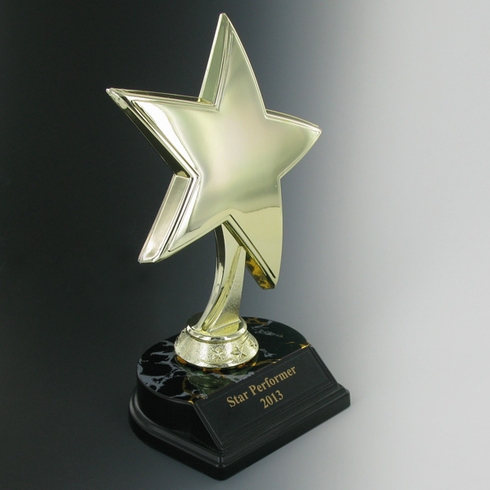 STAR TROPHY, 8 INCH HEIGHT, BLACK AND GOLD BASE, BLACK PLATE
