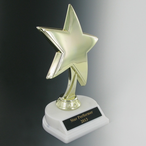 STAR TROPHY, 8 INCH HEIGHT, WHITE BASE, BLACK PLATE