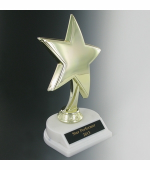 STAR TROPHY, 8 INCH HEIGHT, WHITE BASE, BLACK PLATE
