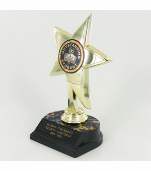 STAR TROPHY WITH 2 INCH MYLAR, 8 INCH HEIGHT, BLACK BASE, BLACK PLATE