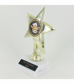 STAR TROPHY WITH 2 INCH MYLAR, 8 INCH HEIGHT, WHITE BASE, BLACK PLATE