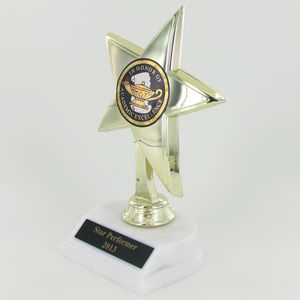 STAR TROPHY WITH 2 INCH MYLAR, 8 INCH HEIGHT, WHITE BASE, BLACK PLATE