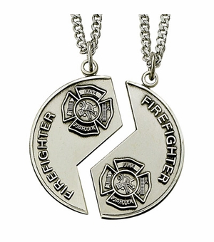 STERLING SILVER FIRE FIGHTER MIZPAH MEDAL NECKLACE