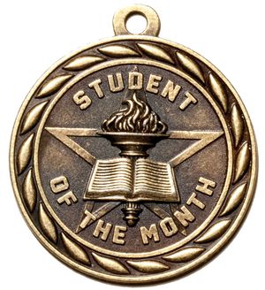 Metal 2-Inch in Diameter Round Student of The Month Medal with Cutomizable Back in Antique Brass