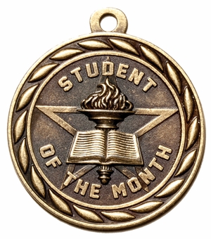 Metal 2-Inch in Diameter Round Student of The Month Medal with Cutomizable Back in Antique Brass