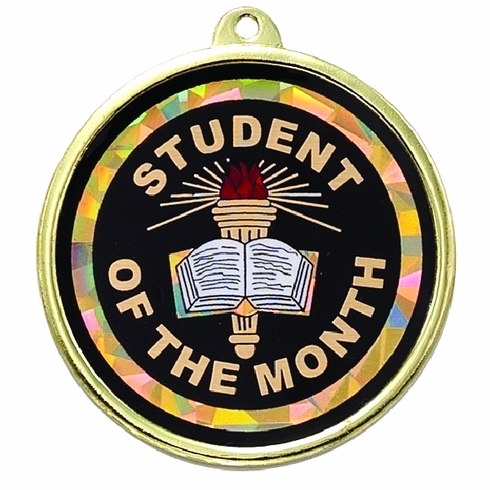 2-1/4 Inch in Diameter Round Student of the Month Medal with Mylar Detailing and Customizable Back