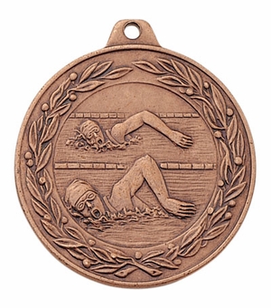 2 Inch Die-Struck Womens Swimming Medal with Antique Finish in Gold, Silver, or Bronze