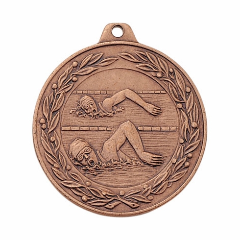 2 Inch Die-Struck Womens Swimming Medal with Antique Finish in Gold, Silver, or Bronze