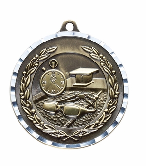 2 Inch Swimming Themed Brass Sports Medal in Gold, Silver, or Bronze with Customizable Back