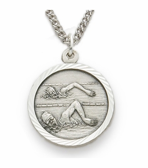3/4 Inch Womens St. Christopher Swimming Medal in Sterling Silver