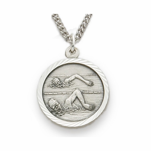 3/4 Inch Womens St. Christopher Swimming Medal in Sterling Silver