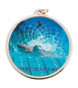 2-1/4 Inch in Diameter Round Swimming Sports Medal in Gold and Mylar with Customizable Back