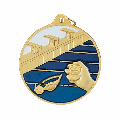 2-1/2 Inch Enameled Die-Cast Swimming Medal in Gold, Silver, or Bronze