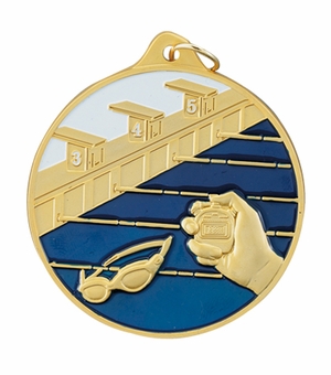 2-1/2 Inch Enameled Die-Cast Swimming Medal in Gold, Silver, or Bronze