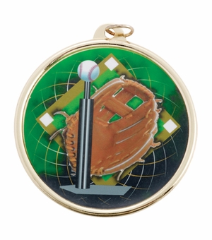 2-1/4 Inch in Diameter Round Gold and Mylar T-Ball Themed Sports Medal with Customizable Back