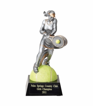 TENNIS, FEMALE, 7 1/2 INCH RESIN TROPHY