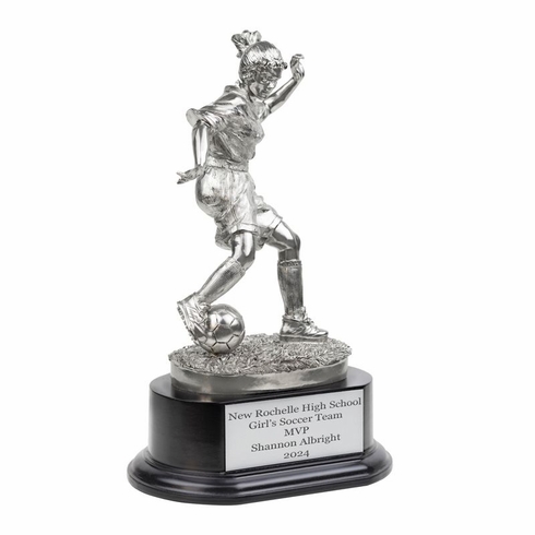 TEST ITEM - DO NOT ORDER!!! - 11 INCH ELECTROPLATED SILVER SOCCER FEMALE FIGURE TROPHY